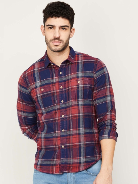 

Forca by Lifestyle Men Navy Blue and Maroon Cotton Tartan Checked Casual Shirt