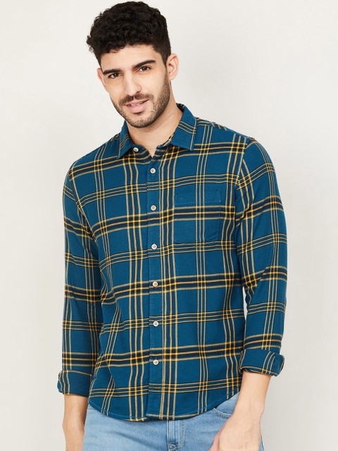 

Forca by Lifestyle Men Teal Blue and Yellow Cotton Checked Casual Shirt