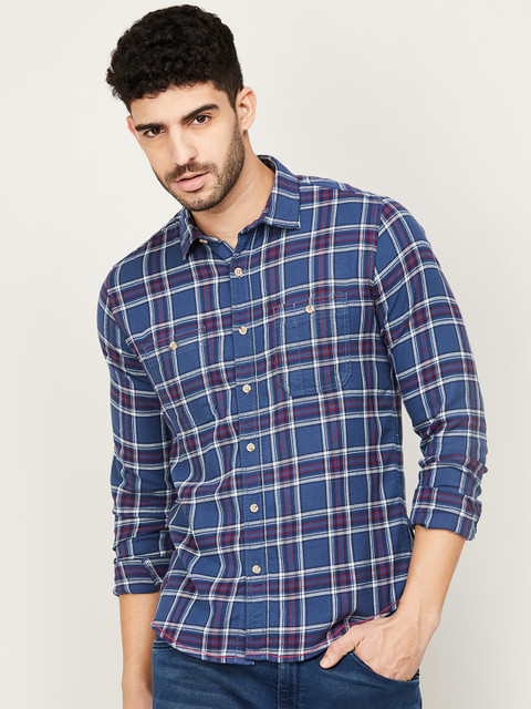 

Forca by Lifestyle Men Blue and White Cotton Tartan Checked Casual Shirt