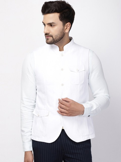 

Blackberrys Mens White Cotton Linen Woven Waistcoat