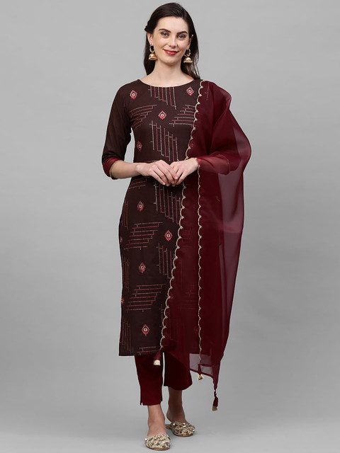 

Indo Era Women Brown Embroidered Regular Pure Cotton Kurta with Trousers & Dupatta