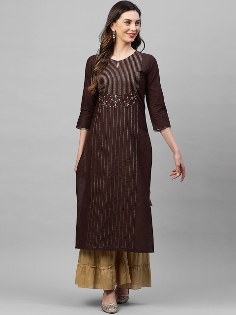 

Indo Era Women Brown & Beige Embroidered Keyhole Neck Thread Work Kurta