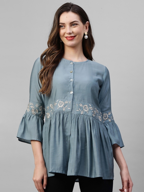 

Indo Era Blue Floral Embroidered Flared Sleeves Empire Kurti