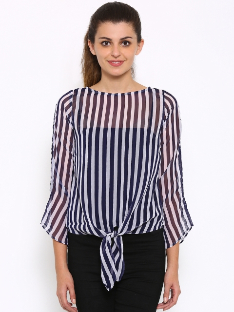 

Style Quotient Women Navy Blue Striped Regular Top