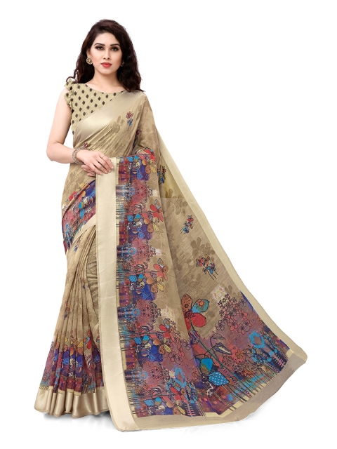 

KALINI Beige & Blue Floral Printed Designer Saree