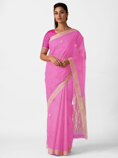 

Taneira Pink & Gold-Coloured Ethnic Motifs Woven Design Silk Cotton Chanderi Saree