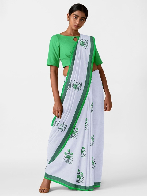 

Taneira White & Green Floral Pure Cotton Block Print Saree