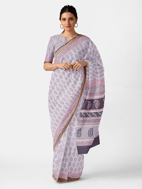 

Taneira Off White & Purple Ethnic Motifs Printed Silk Cotton Bagh Saree