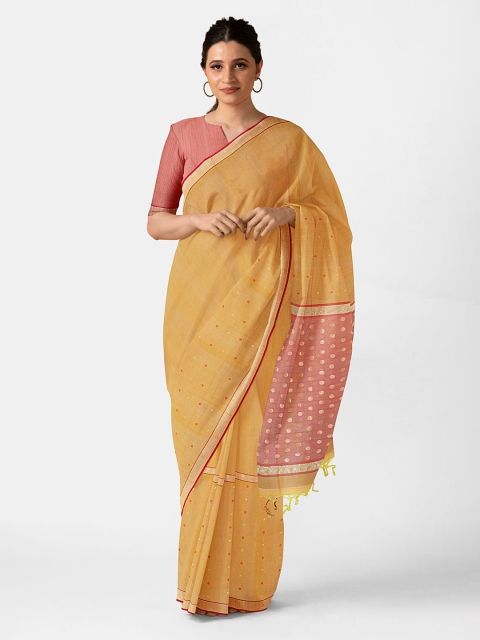 

Taneira Mustard Yellow & Red Woven Design Silk Cotton Chanderi Saree