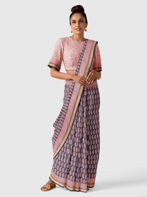 

Taneira Grey & Pink Ethnic Motifs Printed Silk Cotton Bagh Saree