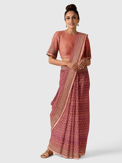 

Taneira Maroon & Peach-Coloured Ethnic Motifs Printed Silk Cotton Bagh Saree