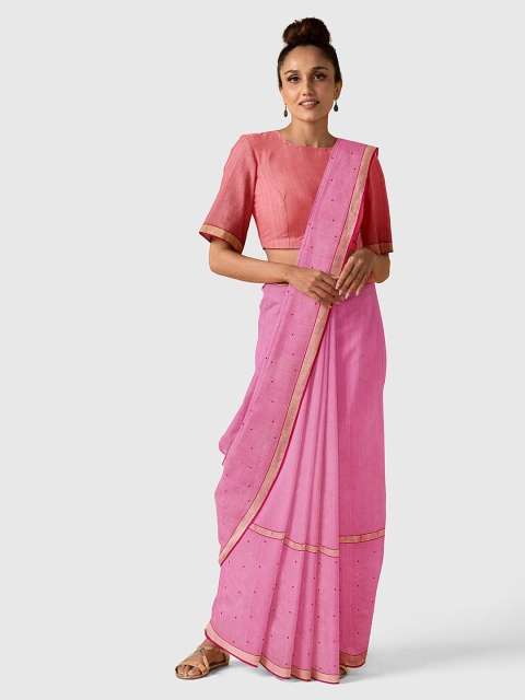 

Taneira Pink & Red Woven Design Silk Cotton Chanderi Saree
