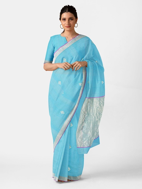 

Taneira Blue & Silver-Coloured Ethnic Motifs Woven Design Silk Cotton Chanderi Saree