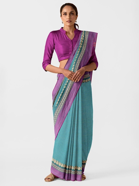 

Taneira Sea Green & Purple Striped Pure South Cotton Saree