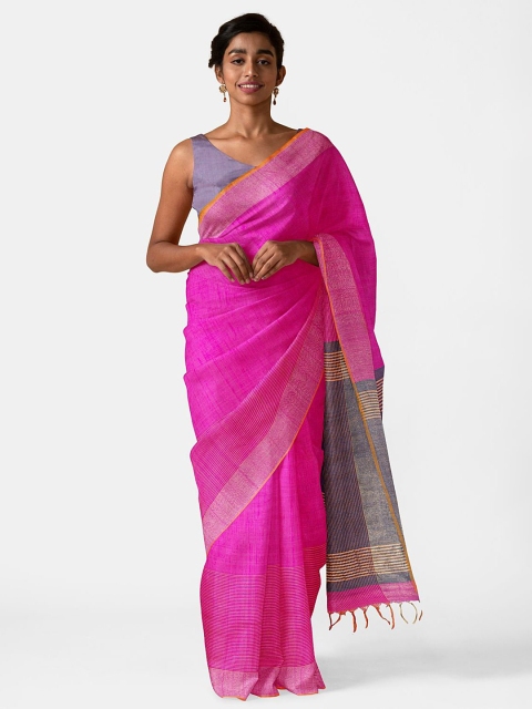 

Taneira Pink & Blue Striped Silk Blend Bhagalpuri Saree
