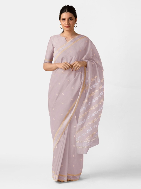 

Taneira Beige & Off White Ethnic Motifs Embroidered Zari Silk Cotton Chanderi Saree