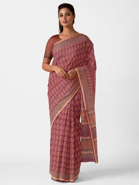 

Taneira Burgundy & Peach-Coloured Ethnic Motifs Printed Silk Cotton Bagh Saree