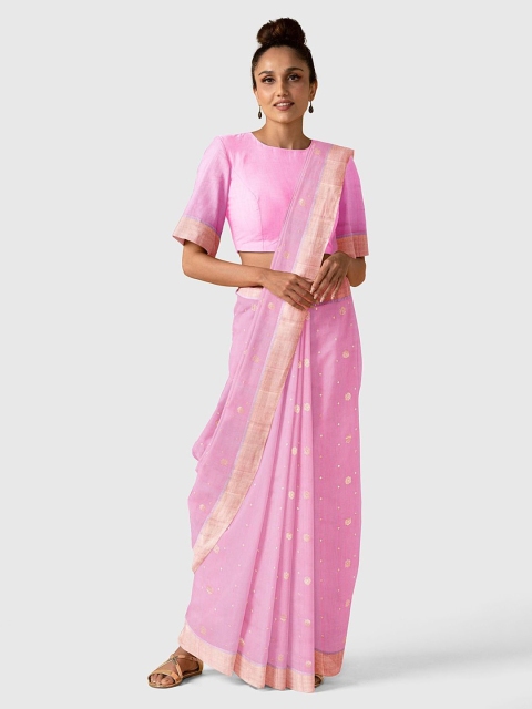 

Taneira Pink & Gold-Coloured Ethnic Motifs Woven Design Silk Cotton Chanderi Saree
