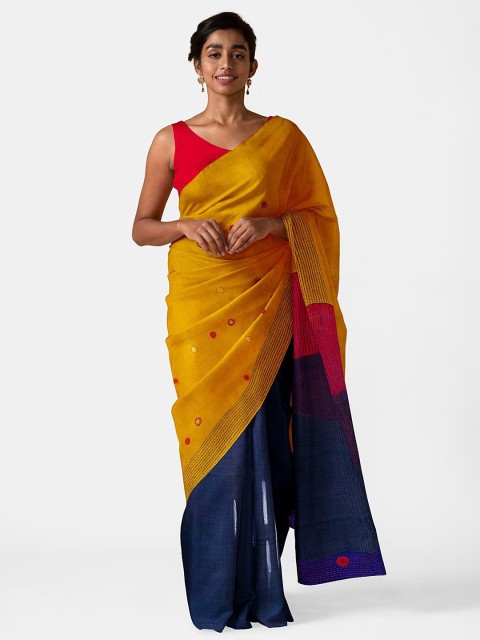 

Taneira Yellow & Blue Abstract Printed Pure Murshidabad Silk Saree