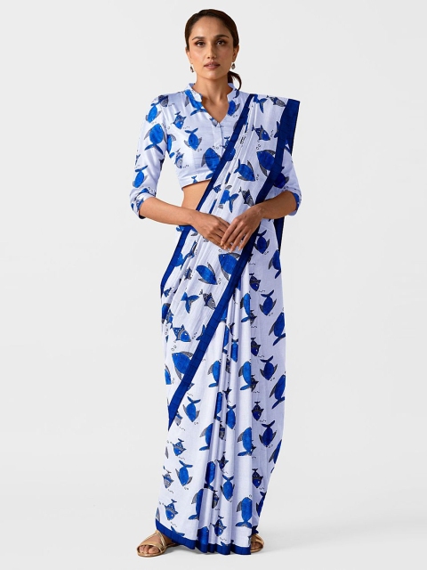 

Taneira White & Blue Pure Cotton Block Print Saree