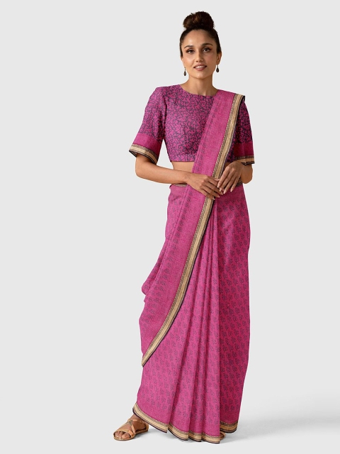 

Taneira Pink & Blue Floral Silk Cotton Bagh Saree