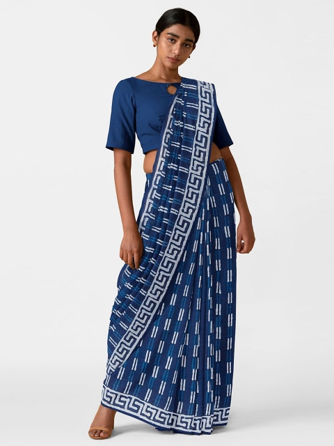 

Taneira Blue & White Pure Cotton Block Print Saree