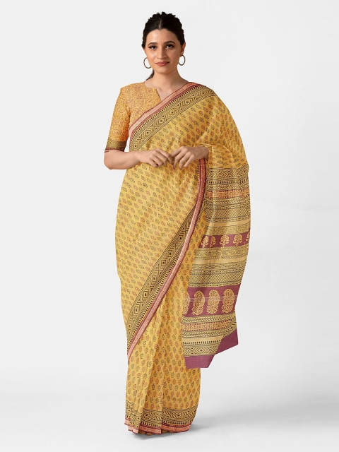 

Taneira Yellow & Burgundy Ethnic Motifs Silk Cotton Bagh Saree