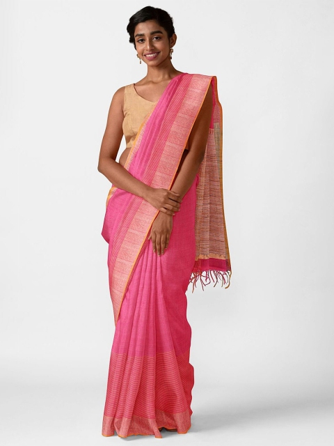 

Taneira Pink & Orange Striped Silk Blend Bhagalpuri Saree