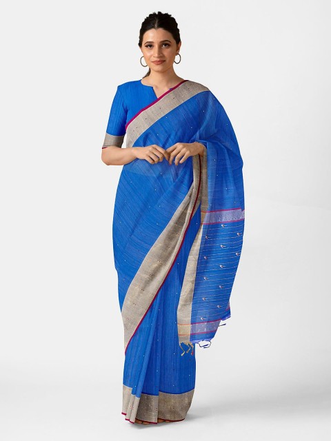 

Taneira Blue & Beige Silk Cotton Chanderi Saree