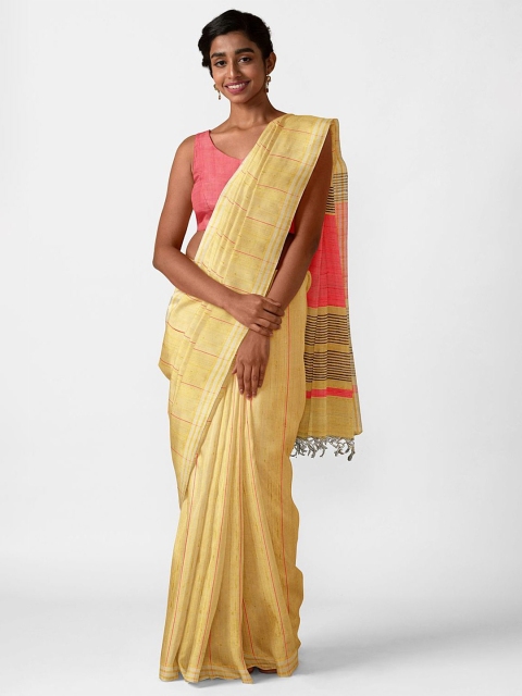 

Taneira Yellow & Pink Striped Pure Silk Bhagalpuri Saree