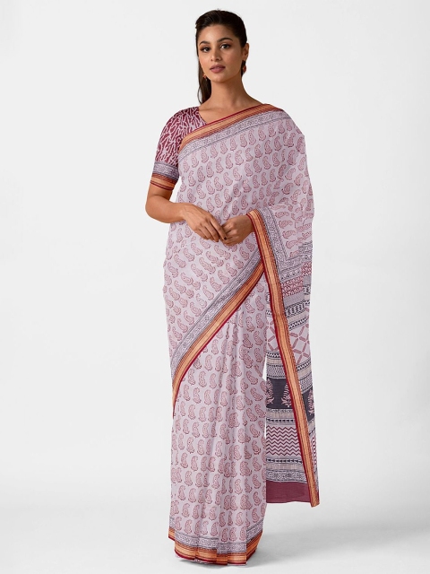 

Taneira Off White & Maroon Ethnic Motifs Silk Cotton Bagh Saree