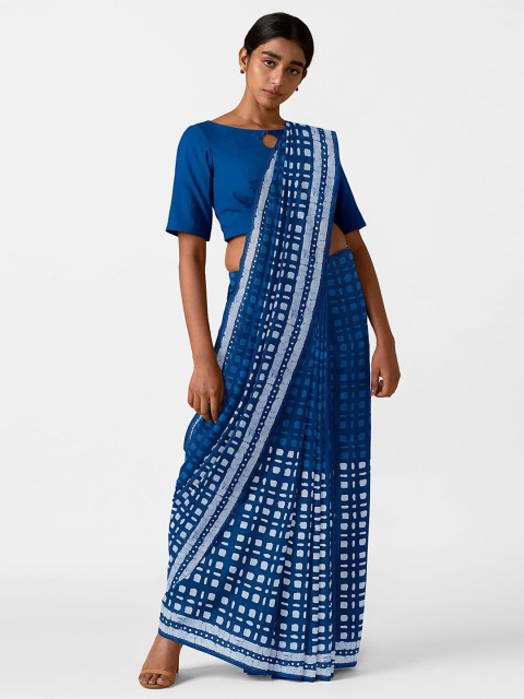 

Taneira Blue & Off White Pure Cotton Block Print Saree
