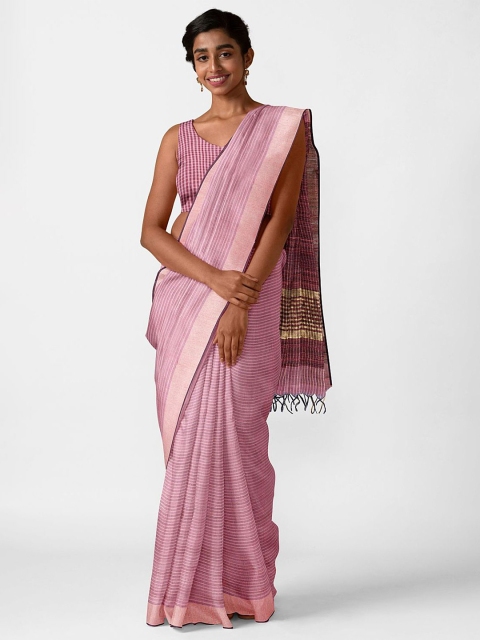 

Taneira Pink & Brown Striped Silk Blend Bhagalpuri Saree