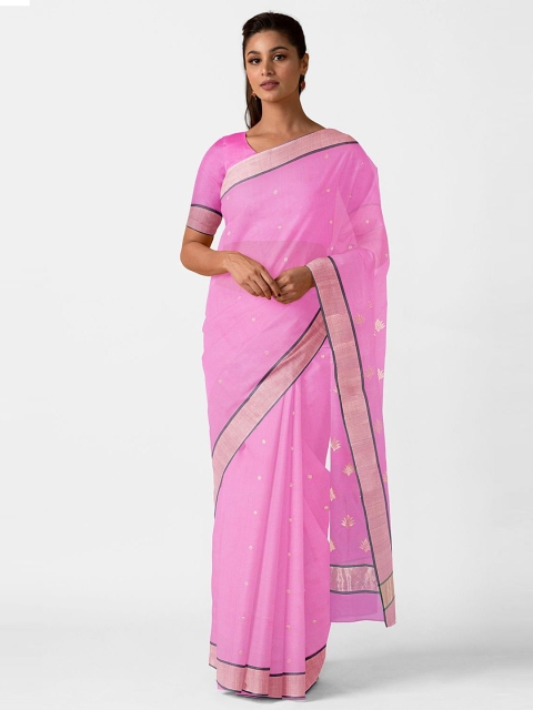 

Taneira Pink & Beige Woven Design Silk Cotton Chanderi Saree