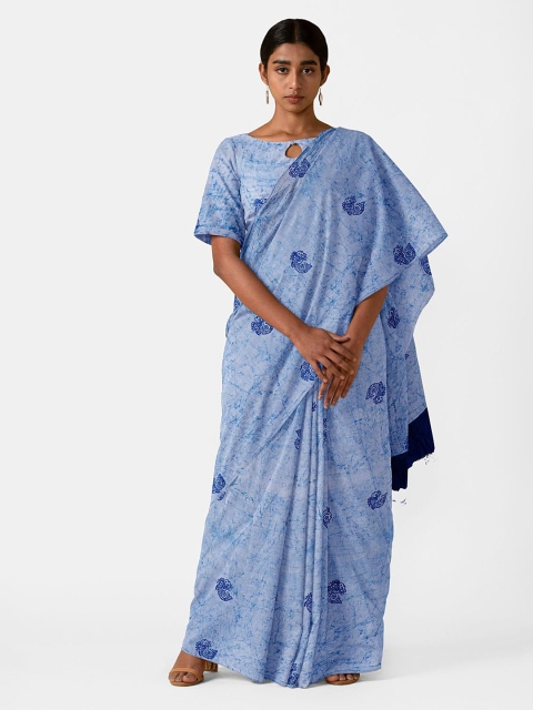 

Taneira Blue Pure Cotton Block Print Saree