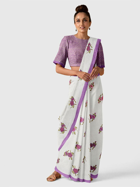 

Taneira White & Purple Floral Pure Cotton Block Print Saree