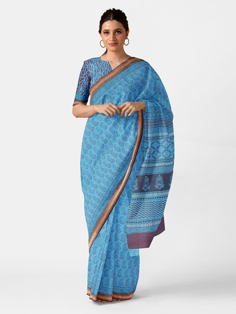 

Taneira Blue & Burgundy Ethnic Motifs Silk Cotton Bagh Saree