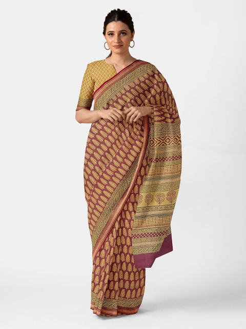 

Taneira Red & Yellow Ethnic Motifs Silk Cotton Bagh Saree