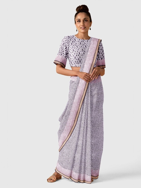 

Taneira Off White & Blue Ethnic Motifs Silk Cotton Bagh Saree
