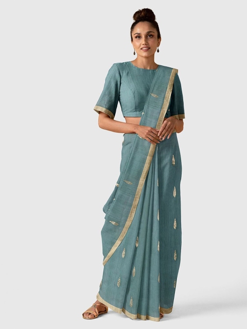 

Taneira Teal & Gold-Toned Woven Design Silk Cotton Chanderi Saree
