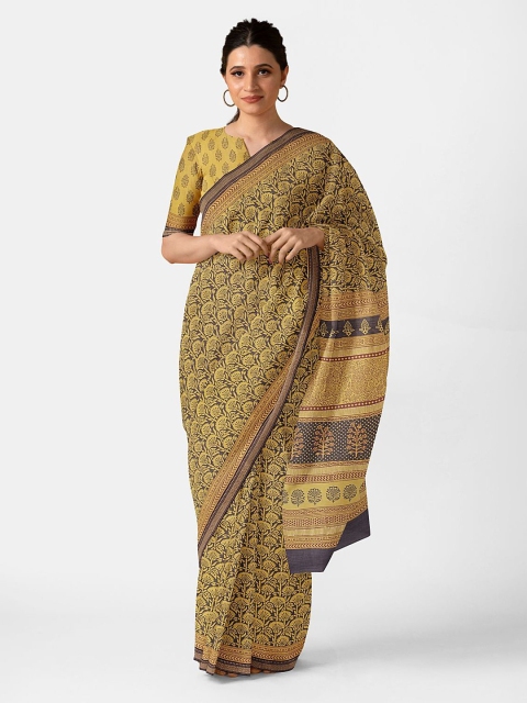 

Taneira Yellow & Black Floral Silk Cotton Bagh Saree