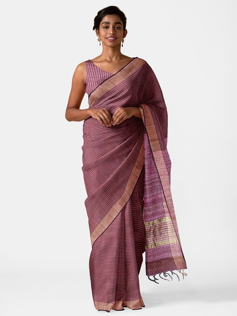 

Taneira Red & Brown Striped Silk Blend Bhagalpuri Saree