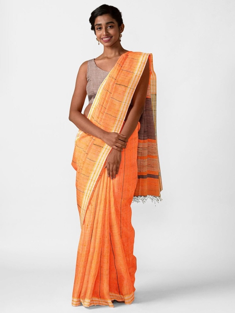 

Taneira Orange & Gold-Toned Striped Pure Silk Bhagalpuri Saree