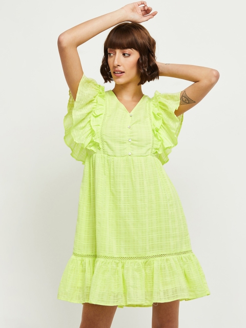 

max Women Green Checked Flared Sleeve Mini Dress