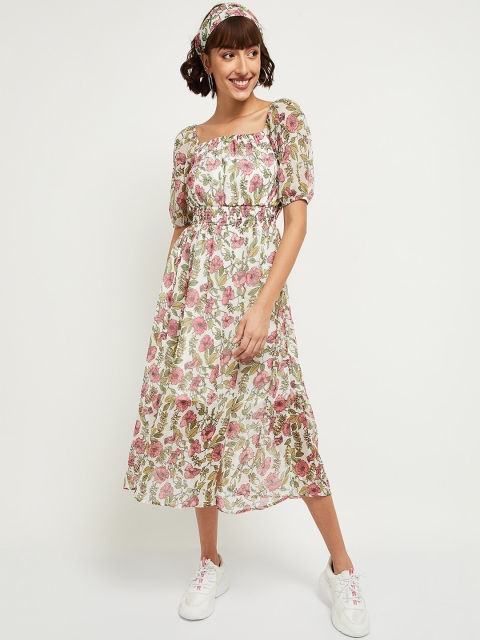 

max Women Cream-Coloured & Pink Floral Midi Fit& Flare Dress
