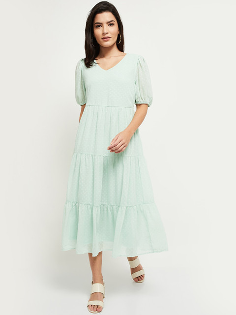 

max Women Green Self Design Tiered Midi Dress