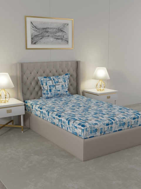 

Raymond Home White & Turquoise Blue Geometric 104 TC Single Bedsheet with 1 Pillow Covers