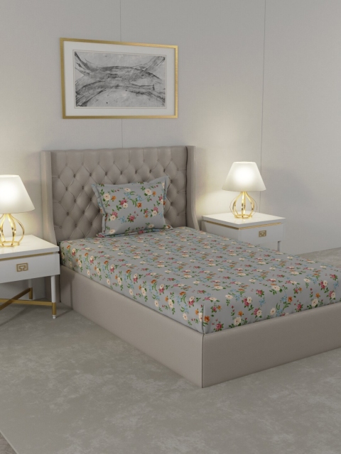 

Raymond Home Grey & Green Floral 104 TC Single Bedsheet with 1 Pillow Covers