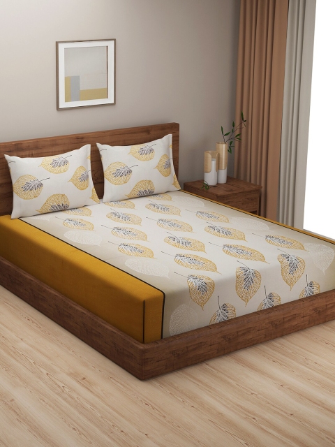 

SWAYAM White & Orange Floral 144 TC King Bedsheet with 2 Pillow Covers