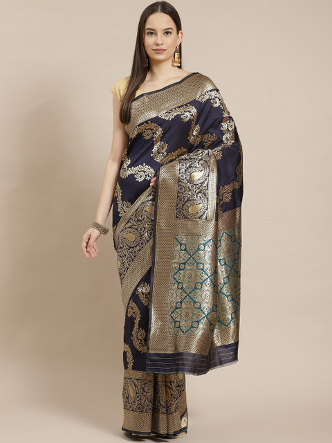 

Havida Sarees Navy Blue Ethnic Motifs Silk Blend Banarasi Saree